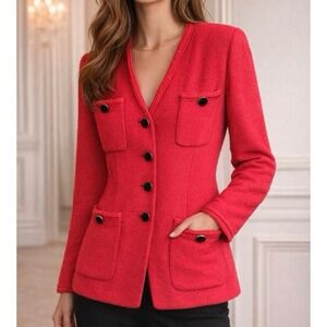 St John Collection Marie Gray Pink Knit Blazer Jacket Button Front Size 2